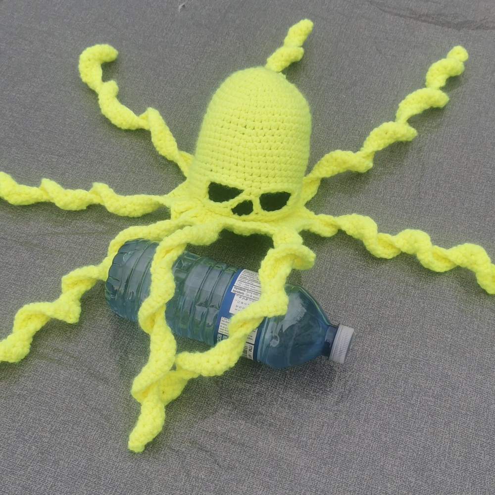 Creepy Octopus Bright Neon Yellow with black eyes crochet handmade homemade - Picture 3 of 5